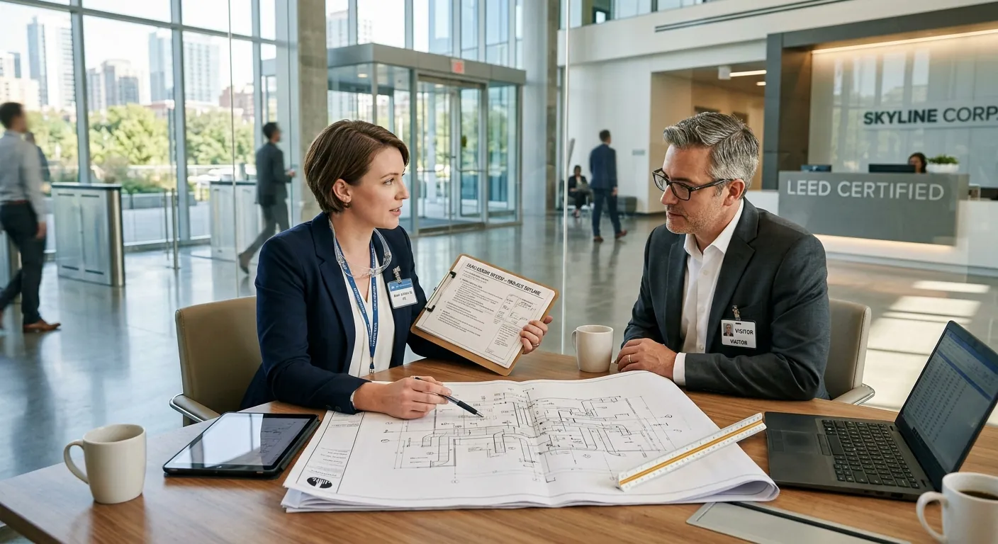 Engineer reviewing building ventilation system blueprints
