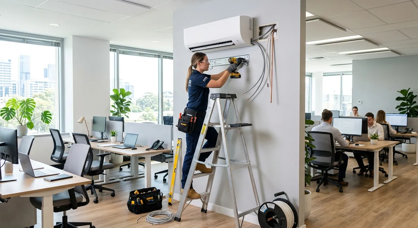 Technician installing a wall-mounted air conditioning unit