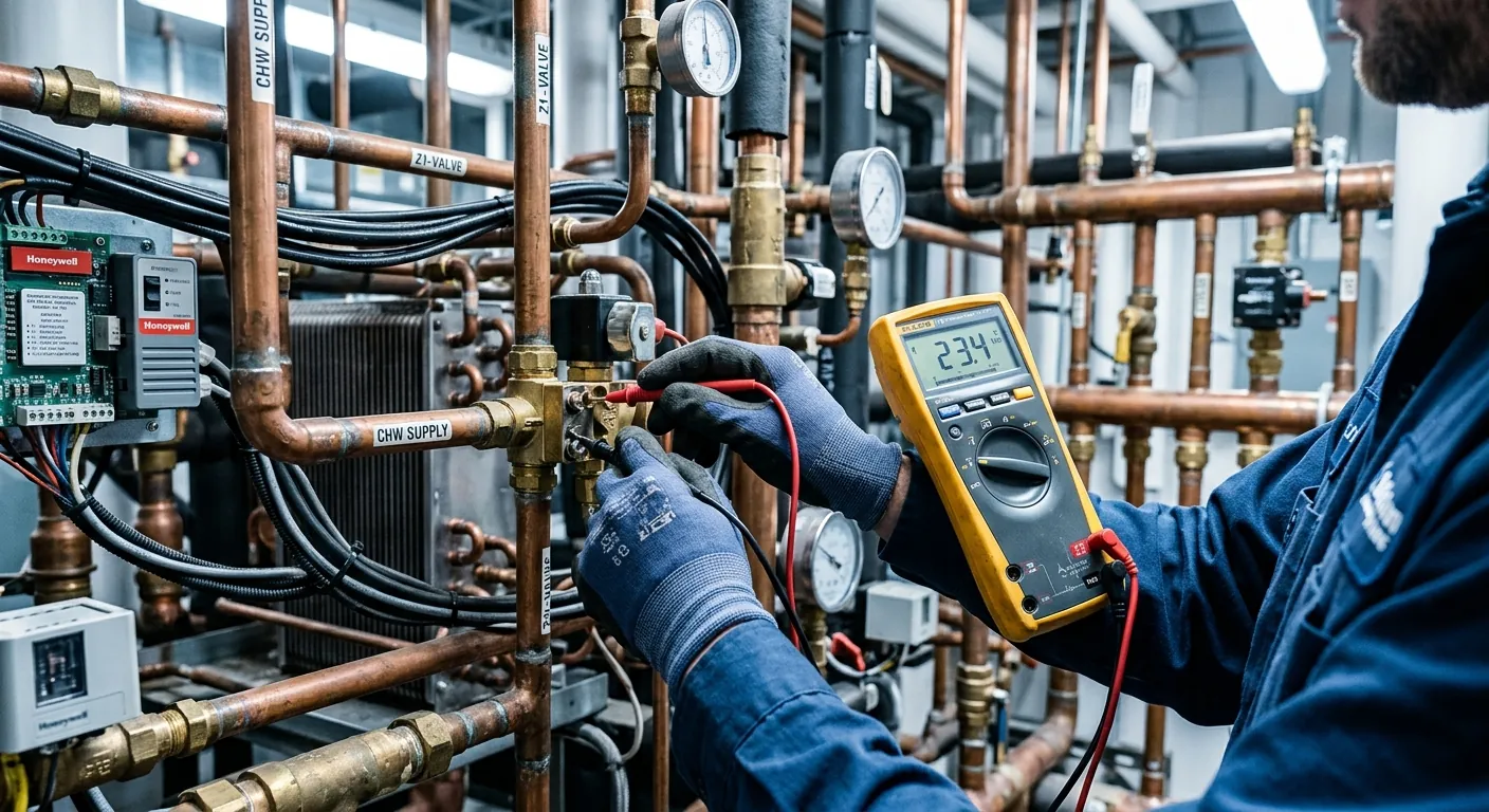 Technician using multimeter on copper pipe HVAC system