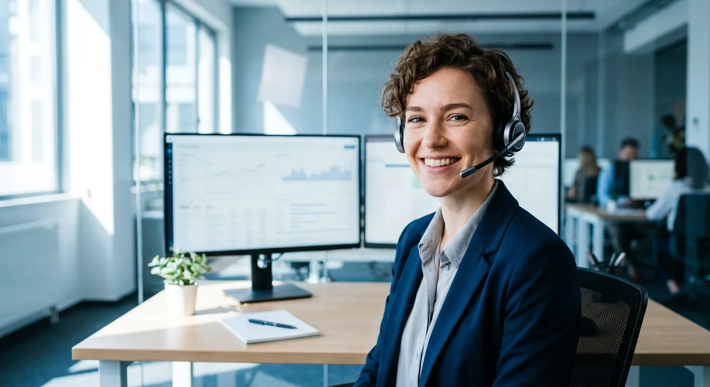 Customer support professional wearing headset in modern office