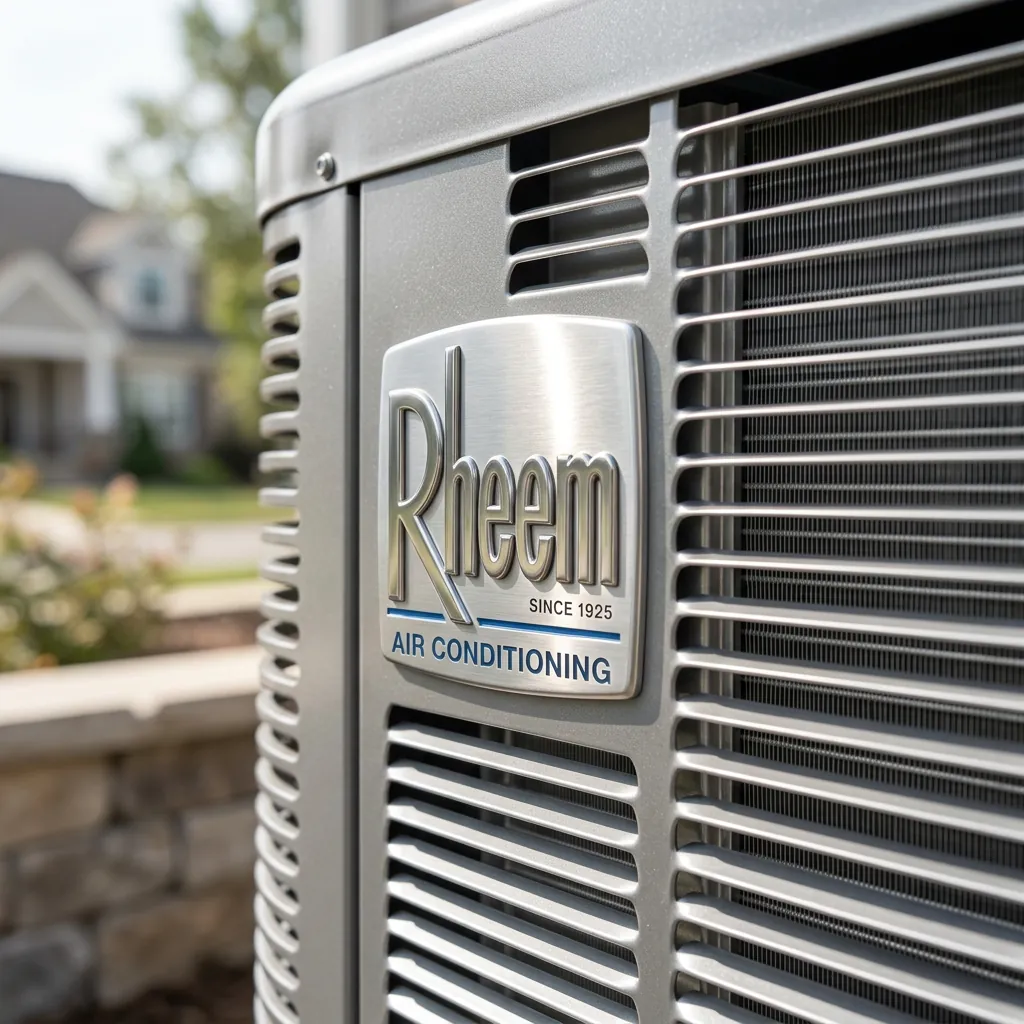 Close-up of a genuine Rheem air conditioning unit logo and grill