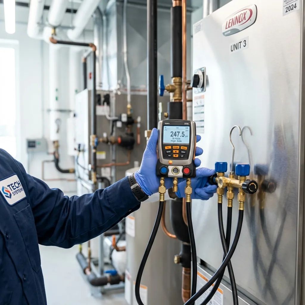 Technician using precision instruments to calibrate an HVAC system