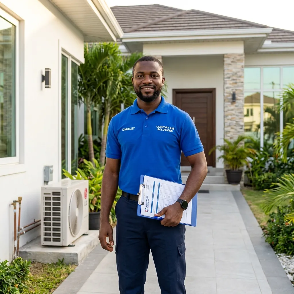 Professional HVAC technician standing confidently in front of a modern home